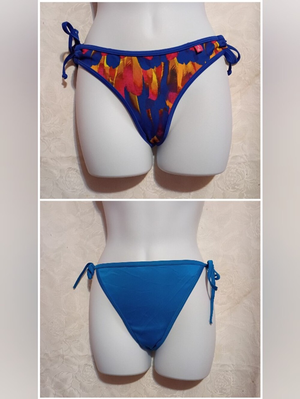Women's 2 PC Bikini Bottom Bundle-Blue & Multi-Color Side Ties Sz Sm